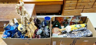 Two boxes of assorted items including two small lacquered folding table screens, wooden and