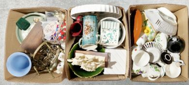 Three boxes of assorted ceramics and other items including jasperware, pierced brass trivet, costume