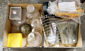 Two boxes of assorted items including a pair of metal and bevelled glass wall lights, a cut glass