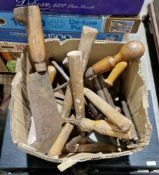 Box of assorted vintage tools including a Rabone & Sons spirit level, chisel with turned wooden