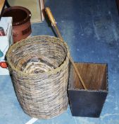 Leather covered waste paper bin, another painted example, a wicker laundry bin and a stoneware