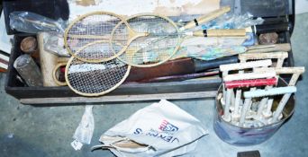 Case containing assorted croquet mallets, croquet balls and Jaques croquet hoops and various other