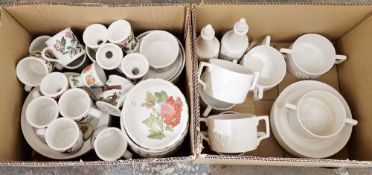 Two boxes of assorted china including a Portmeirion Totem pattern set of cups and saucers and