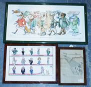 Quantity of assorted framed cartoons, framed photos of London during the Blitz and various other