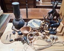 Two boxes of assorted african items including beadwork models of elephants and sheep, a vitange