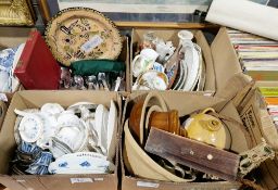 Four boxes of assorted items including teaware, stainless steel cutlery, kitchenware, etc (4 boxes)