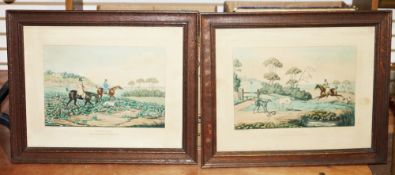 Set of four Alken hunting prints and a print of a London street scene after Ken Howard, framed and