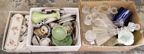 Three boxes of assorted ceramics and glass including decanters, tea bowls and saucers and ceramic