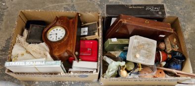 Two boxes of assorted items including an Edwardian inlaid walnut mantel clock, assorted ornaments,