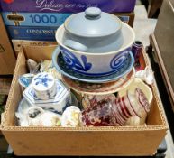 Box of assorted glass and ceramics including Bunnykins, jasperware, etc