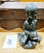Resin model of a seated boy with vase by Vanessa Marston, 44cm high, with letter