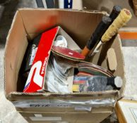 Box of vintage tennis rackets, a part tea set etc.