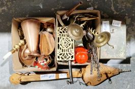 Two boxes of assorted metalware, including brass spiral candlesticks, copper jug, enamel jug and a