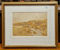 Watercolour of a mountain valley signed RC Aker, a 18th century map of the road from London to