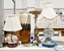 Large West German vase with textured brown glazes, 40cm high, a reverse painted glass table lamp and