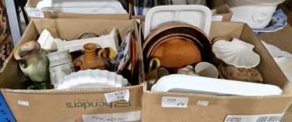 Four boxes of assorted ceramics including a large blue and white ewer, studio pottery, including
