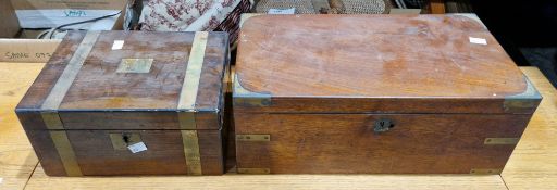 Victorian mahogany brass bound writing box, with hinged velvet lined writing slope, together with