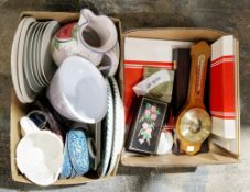Two boxes of assorted items including two majolica charges, other ceramics and a box containing a