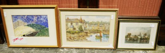 Rectangular mirror in carved wood frame with assorted prints and watercolours (7)