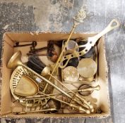 Quantity of metalware including fire irons, old keys, etc and a small collection of vintage compacts