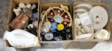 Three boxes of assorted ceramics including a Franklin porcelain Meadow Land bird vase, a Royal