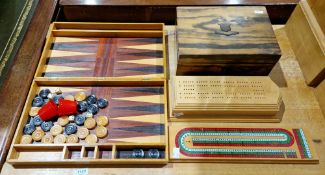 19th century work box, a modern folding backgammon set and two modern games marking boards
