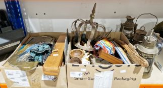 Two boxes of assorted items including a metal crown, vintage games and three hurricane lanterns