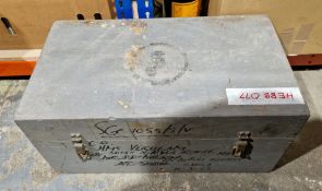 Ex-military painted wooden transport trunk, 54cm x 37cm x 29cm