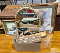 Model of whales on rootwood base by John Perry, turned treen bowls and assorted pictures