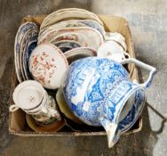 Box of assorted ceramics including an opalescent glass bowl, a Royal Doulton dish decorated with