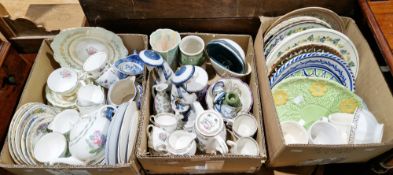 Three boxes of assorted ceramics including a Susie Cooper teapot, other assorted teawares,