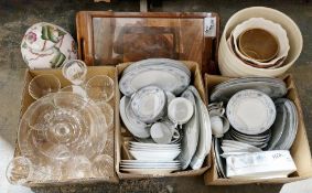 Three boxes of assorted glass and china including a Noritake Blue Hill part table service, a
