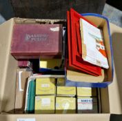 Box of vintage games including vintage wooden jigsaws by Parker Bros, marbles etc. Condition