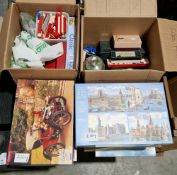 Two boxes of vintage toys and games including a tin plate model till, building blocks and a quantity