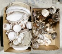 Two boxes containing a Colclough part table service and a box of assorted silver plate including