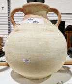 Large two-handled pottery vase, 50cm high approx. and a carved wooden wall plaque (2)