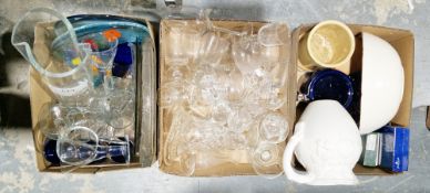 Three boxes of assorted ceramics and glass including cut glass vases, drinking glasses, jugs, etc (3