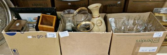 Six boxes, including assorted silver plate, ceramics, vases, jardiniers, set of modern wine