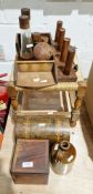 Walnut tea caddy with parquetry decoration, another mahogany tea caddy, a wooden and rush seated