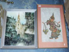 Oil on board of a church scene and two framed textile panels (3)