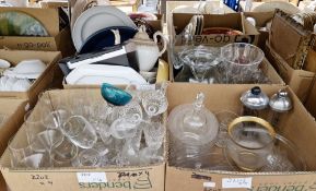 Four boxes of assorted ceramics and glass, including a glass goblet, frosted glass dessert plates,