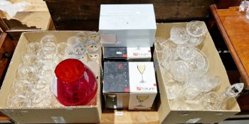 Assorted glassware including jugs, decanter, large red glass goblet and drinking glasses (2 boxes