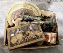 Quantity of metalware including a pair of baluster candlesticks, a plaque of jousting knights,