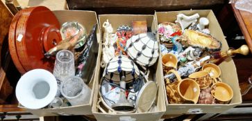 Three boxes of assorted items including a pair of table lamps, a pottery jug and matching mugs, a