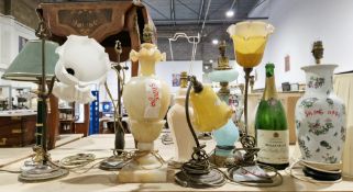 Quantity of table lamps, including a blue glass example with gilt metal mounts, a marble vase