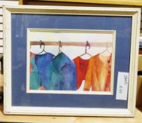 Oil on canvas of men fishing on a beach, indistinctly signed, a watercolour of a coat rack and a