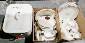 Royal Doulton Morning Star part table service and a white enamel breadbin with red lettering ( 2