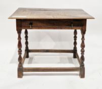 18th century oak side table, the rectangular top with thumbmoulded edge, over a single frieze drawer