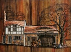 Lehan (20th century) Acrylic and ink on canvas Large scale view of a blacksmith/farrier at work in