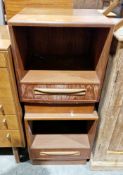Pair of mid-century G-Plan Fresco teak bedside cabinets, having a shelf above a long drawer with